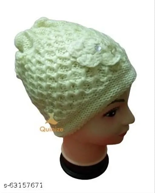 A knitted, warm winter beanie cap for women, featuring soft woolen texture