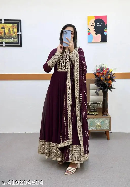 Georgette embroidered wine gown & dupatta set, Naksh Fashion Indian Anarkali Kurta featuring long sleeves and sequence coding embroidery work for special occasions