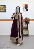 Georgette embroidered wine gown & dupatta set, Naksh Fashion Indian Anarkali Kurta featuring long sleeves and sequence coding embroidery work for special occasions