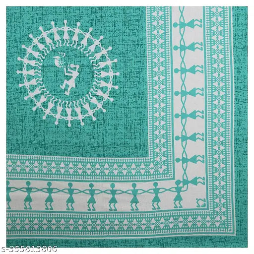 100 Cotton Jaipuri Bedsheet with Tribal Dancer Print, Teal Color