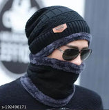 Blue & Black winter woolen cap with neck warmer combo (pack of 3), thick acrylic knit for maximum warmth