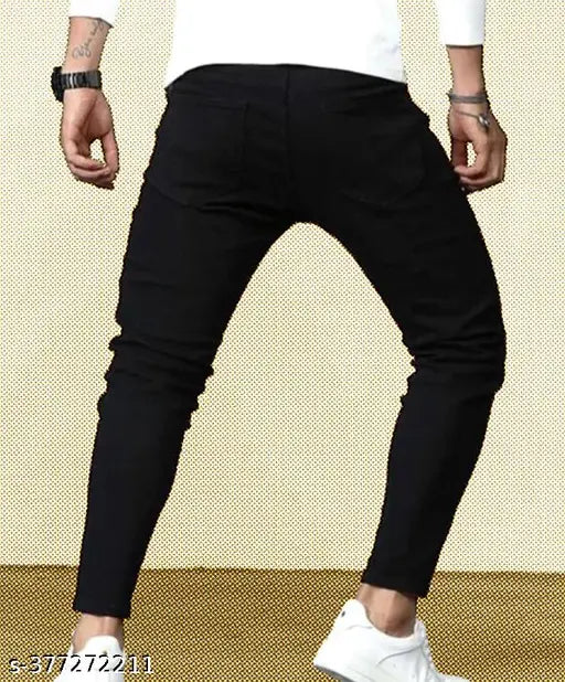 Men's designer denim black knee-cut jeans, solid fabric, size 28/30/32/34/36, India origin