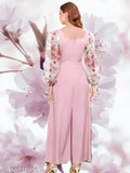 Lycra flower print jumpsuit in pink, solid net pattern for women's sizes S-XXXL, party wear jumpsuit originating from India