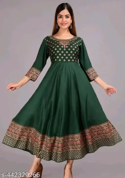 Trendy rayon embroidered anarkali kurti, three-quarter sleeves, Indian women's fashion for size S-XXXL