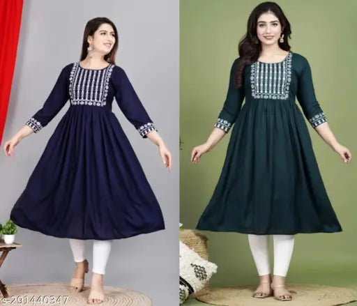 Rayon Anarkali embroidered kurta, three-quarter sleeves. Indian women's casual wear with traditional touch and western vibe
