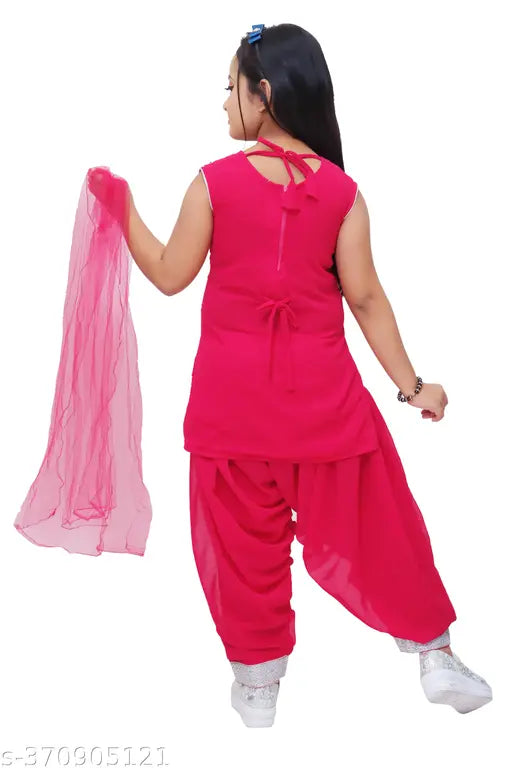 Embroidered Georgette Patiyala Set with stone and mirror work, vibrant ethnic wear for kids (ages 3-9), India origin