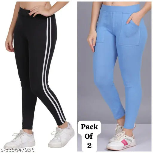 Lycra women's jeggings combo solid, elastic waistband for comfortable fit and smooth shape. Sizes: 26, 28, 30, 32, 34, Free, S, M, L, XL, XXL (India origin)