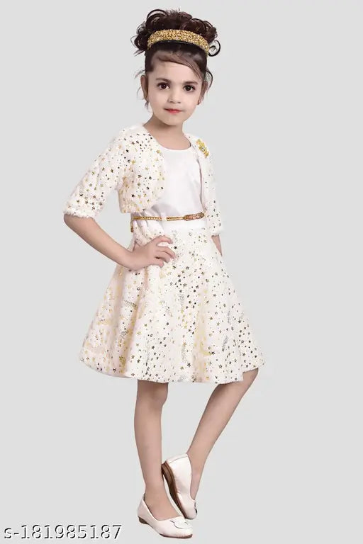 Embellished net pashmina faux fur gown for girls, stylish star print and three-quarter sleeves, India origin, ages 6 months to 6 years