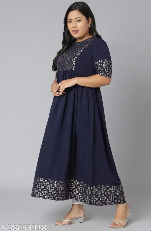 Dark Blue Poly Crepe Plus Size Kurta: Printed combo, short sleeves, flared silhouette - women's fashion from India