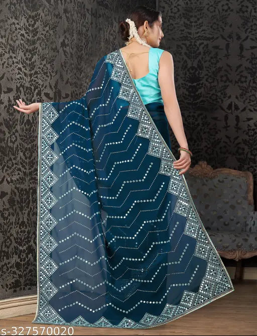 Blue, embroidered sequined saree with matching blouse