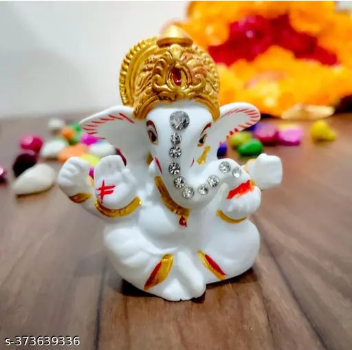 White poly resin Ganesh statue, colorful beads decoration, religious home temple decor