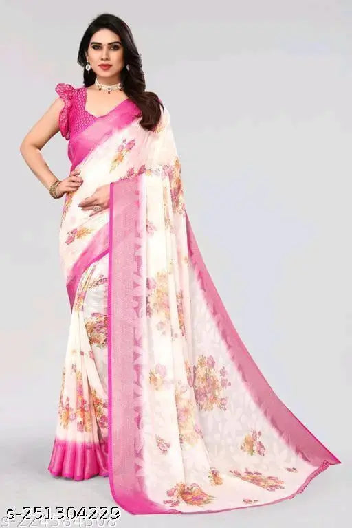 Pink chiffon saree with running blouse, fancy printed pattern, ideal for casual, party, festive, and wedding occasions. Indian-made, free size." (123 characters)