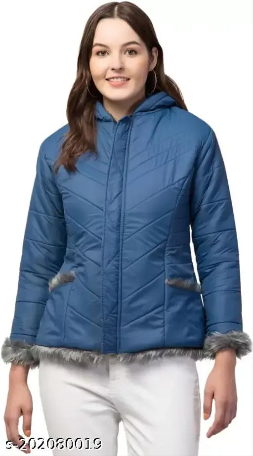 Solid fur women's parka jacket, faux fur trim & hood, S (Bust 34in, Len 25in), India