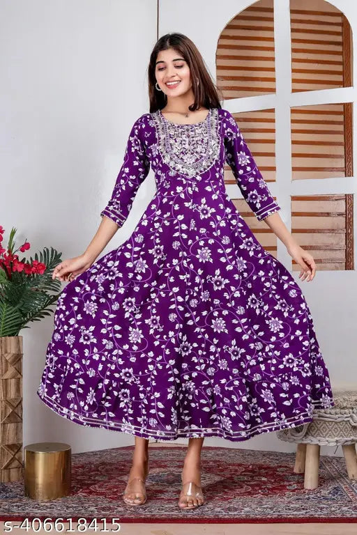 Multicolor print rayon Anarkali gown with embroidery, three-quarter sleeves, trending for women and girls, suitable for parties, festivals, office wear, and daily wear. Indian traditional design
