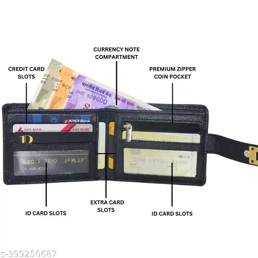Black artificial leather RFID wallet, 10 card slots, textured design, premium metal logo, sleek for casual or formal occasions. Strong Horns Men's travel-friendly wallet from India