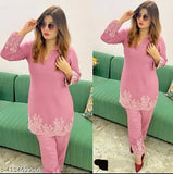Trendy fancy rayon coord set with long sleeves, solid net Indian traditional kurta and pants