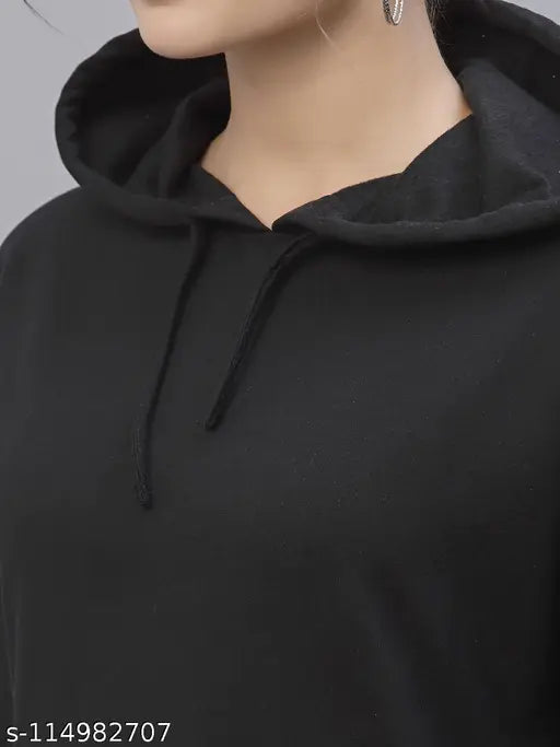 Black cotton solid-hooded sweatshirt for women (Size: S/M/L), perfect wardrobe essential for casual outfits with denim pants and decent shoes. Made in India
