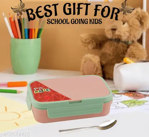 Nabhya 2 Compartment Stainless Steel Lunch Box for School with Steel Spoon 2 Containers Lunch Box (600 ml)