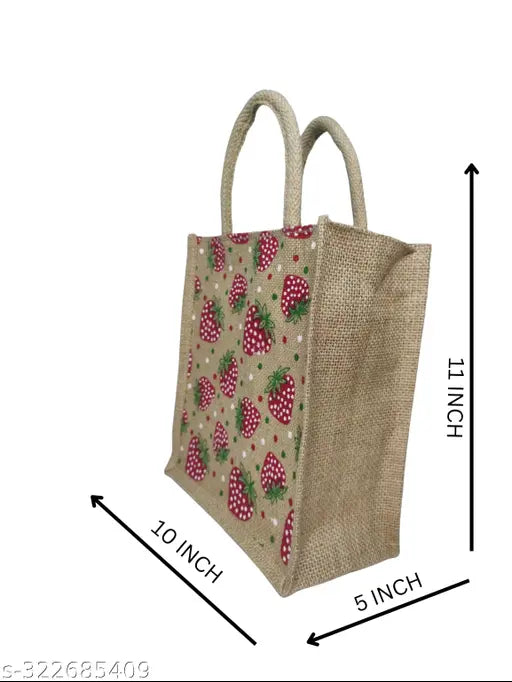 Brown woven jute bag with strawberry design, size 2j x 11 inches, lunchbox suitable, water bottle fit
