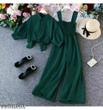 Crepe sleeveless unique jumpsuit, trendy and stylish, XS: 34/36/28/36, M: 38/38/32/40, India-made" "Three-quarter sleeve Trending dress, polyester top with acrylic bottom, Pack of 2 for 11-12, 12-13, 13-14, and 14-15 years