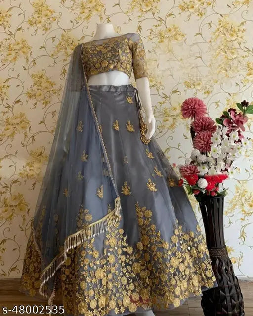 Embroidered net lehenga set with lace dupatta for women, semi-stitched in India (Lehenga Waist: 42in, Lehenga Length: 44in, Dupatta Length: 2.2in)