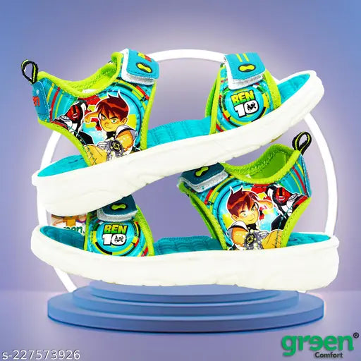 Green and white comfortable children's sandals with "Ben2" on them
