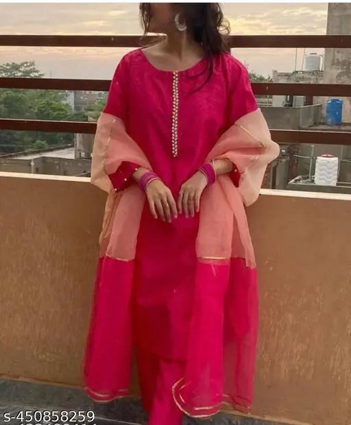 Ethnic kurti set with pant and dupatta for women's fashion 3 piece traditional outfit pink and white fabric
