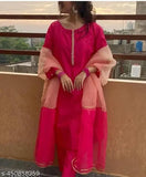 Ethnic kurti set with pant and dupatta for women's fashion 3 piece traditional outfit pink and white fabric