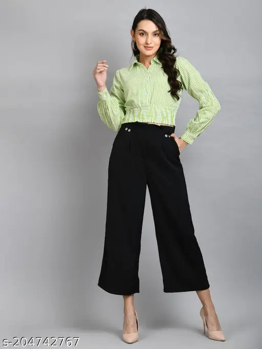 Green checked cotton crop top, long sleeve self-design for women's casual wear