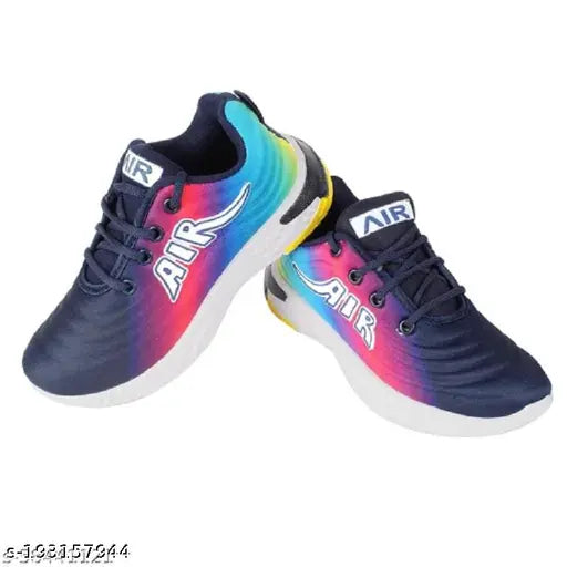 Colorblocked running shoes with white soles and laces, blue heel tabs and Air brand logo, in a rainbow pattern