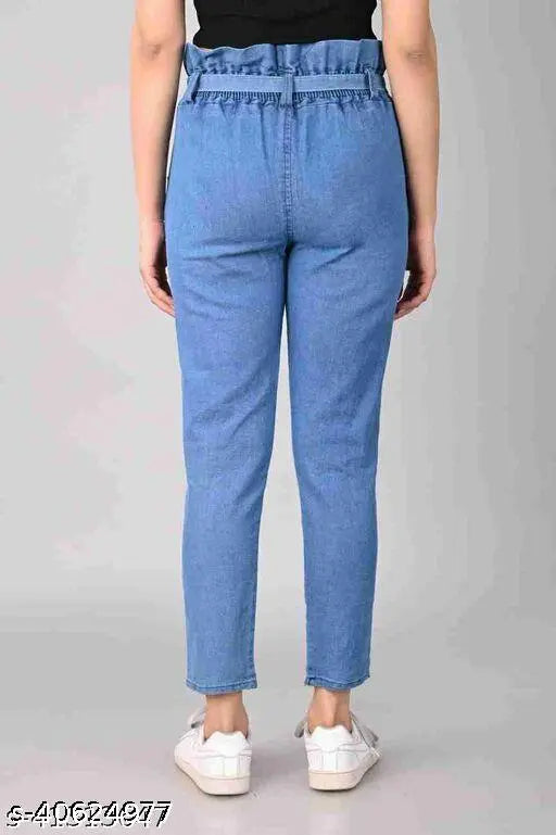 High waisted blue denim jeans, straight cut, cropped length