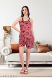 Pink satin nightdress & shorts set, height adjustable straps, Lycra fabric, adorable heart print, women's sleepwear, Indian-made