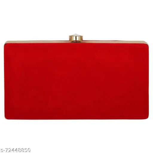 The image shows a vibrant red clutch with embroidered details, likely designed for women's formal attire
