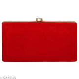 The image shows a vibrant red clutch with embroidered details, likely designed for women's formal attire
