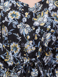 Black rayon Hive91 floral kaftan dress, adjustable waist with tie, length 34 inches, elegant décolleté neckline