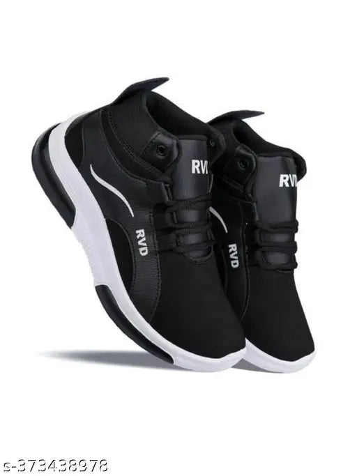Black sports shoes with white sole and black laces
