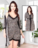Sleeveless leopard print nightwear set: soft, smooth imported satin robe, cami top, and shorts for women's lounge wear, made in India