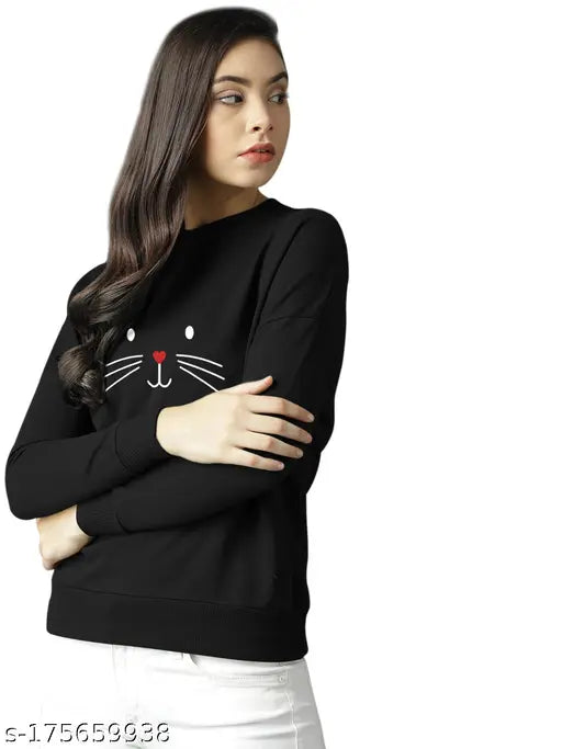 Black fleece pullover sweatshirt with meow print, women's trendy design, size options available