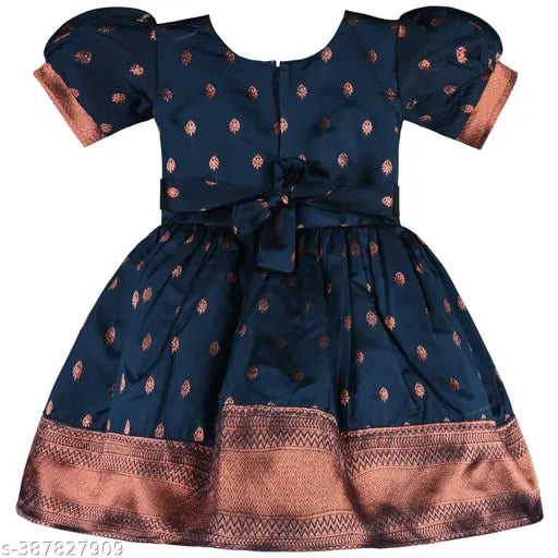 Silver silk blend knee-length flare pavadai dress for girl, India-made art silk pattu fashion for young princesses