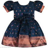 Silver silk blend knee-length flare pavadai dress for girl, India-made art silk pattu fashion for young princesses