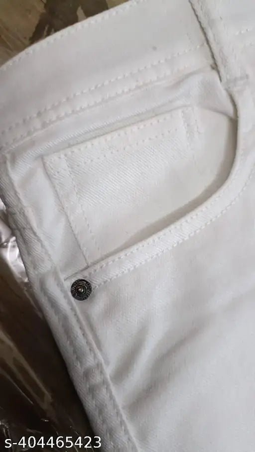 Men's slim fit white cotton blend jeans, timeless style and unparalleled comfort for everyday wear. #SlimFitJeans #WhiteJeans #MenFashion #CasualStyle #TrendyJeans #StreetStyle #FashionEssentials #VersatileFashion #SummerFashion Sizes: 28 (w39-h34), 30 (w30-h36), 32 (w32-h38), 34 (w34-h40), 36 (w36-h44) Country of Origin: India