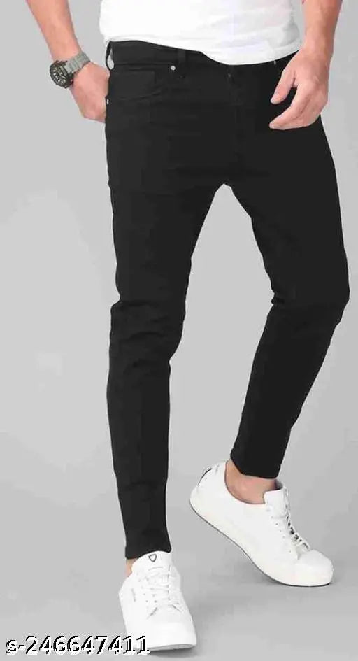 Trendy men's black polycotton jeans, light wash, solid pattern, mid rise, button waist closure. Available in sizes 28, 30, and 32 (waist 28in/30in/32in, length 36in/37in/38in). Made in India