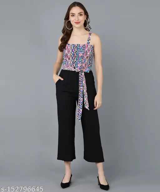 Multicolor smoking rayon sleeveless jumpsuit, printed net, India-made, XS (33in bust, 27in waist), S (35in bust, 29in waist), XL (41in bust, 35in waist)