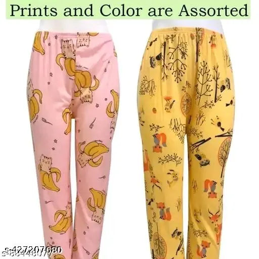 Ladies' multi-colored pajama set with various patterns and prints