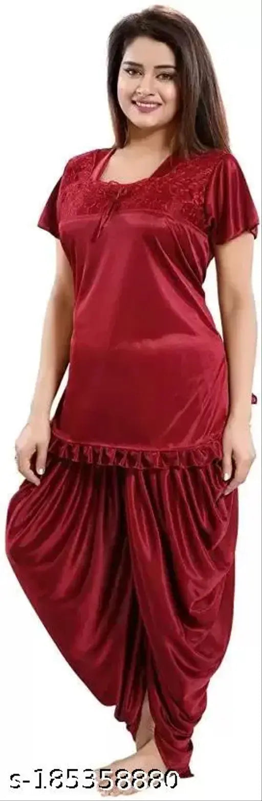 Key ocean satin top and pattyala pyjama nightsuit set, free size, solid pattern, trendy Indian fashion