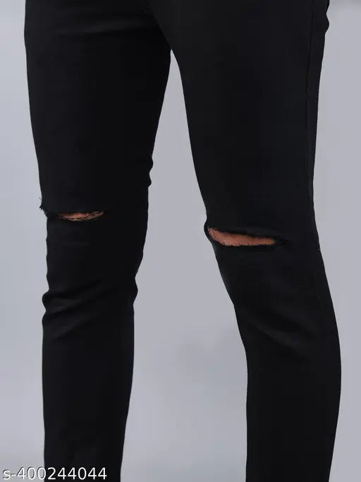 Black stretchable mid-rise denim jeans for men, solid black with knee cut detailing