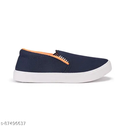 Dark blue casual loafers with orange trim