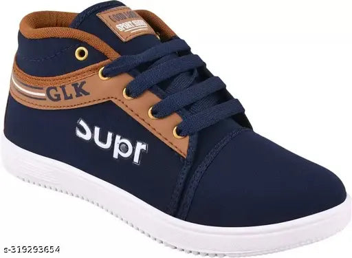 Navy blue and brown kids sneakers with 'GKL' logo