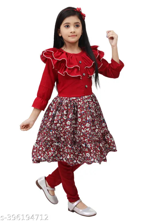 Printed crepe anarkali dress for girls, knee length with three-quarter sleeves, India origin