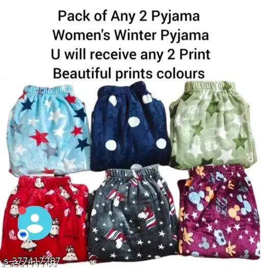 Women's winter pajamas pack of 2, featuring printed designs and matching colors. Comes with a complimentary gift tag